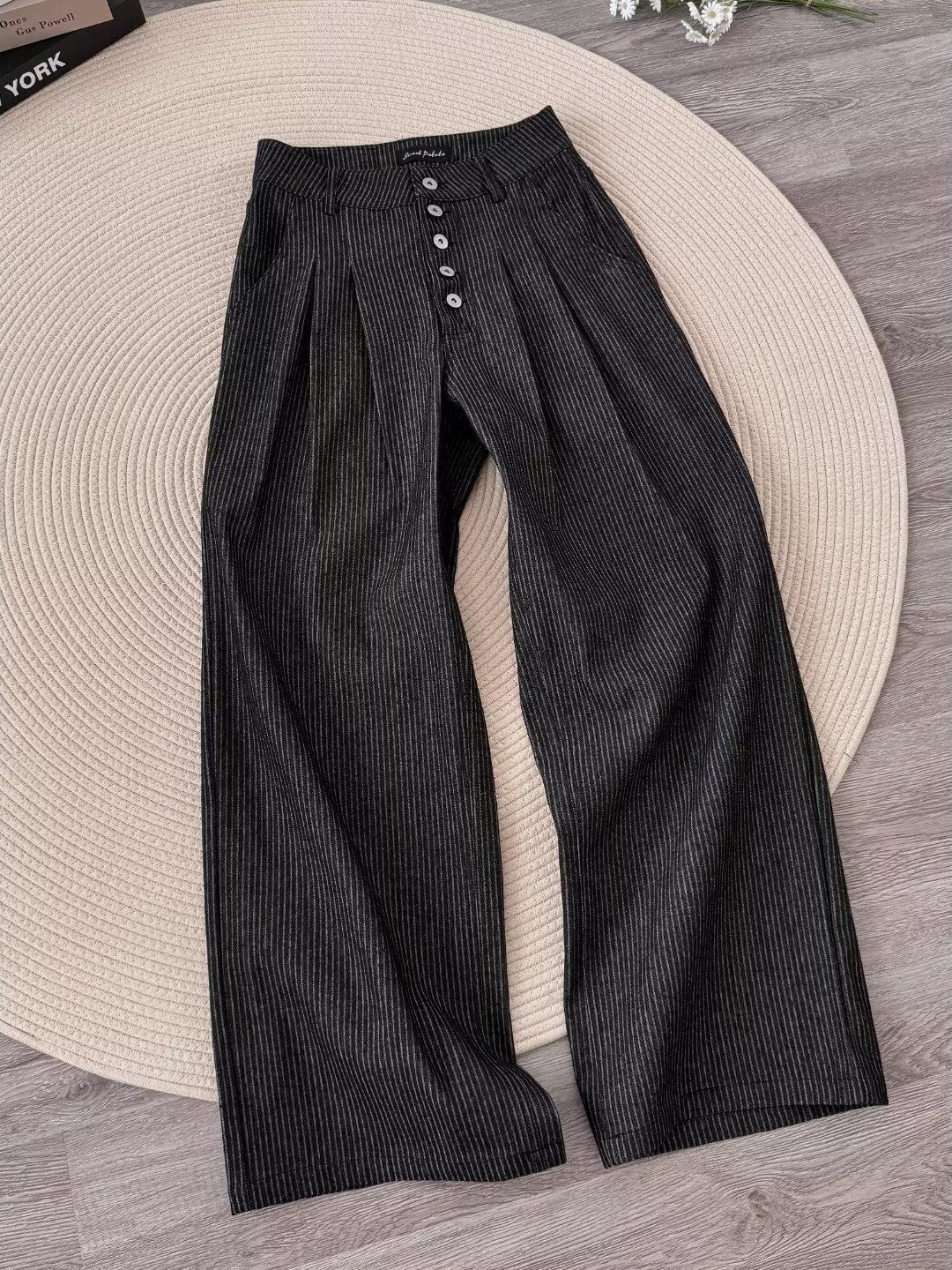 [WHOLESALE ONLY - CONTACT TO ORDER] Unisex Heavyweight 70% Cotton Multi-Button High-Waist Pleated Wide-Leg Pinstripe Trousers (Charcoal Pinstripe) [AW-367]