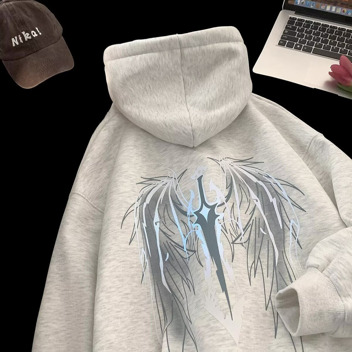[WHOLESALE ONLY - CONTACT TO ORDER] Unisex Heavyweight Cotton Blend Y2K Angel Wings & Sword Graphic Fleece Pullover Hoodie (Cream Apricot) [AW-524]