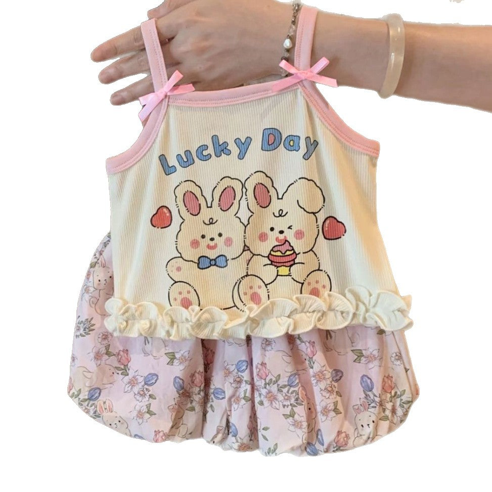[WHOLESALE ONLY - CONTACT TO ORDER] Toddler & Girls Combed Cotton Ribbed Bunny Camisole Top & Floral Bloomer Shorts 2-Piece Set (Ivory/Blush Pink) [KW-273]