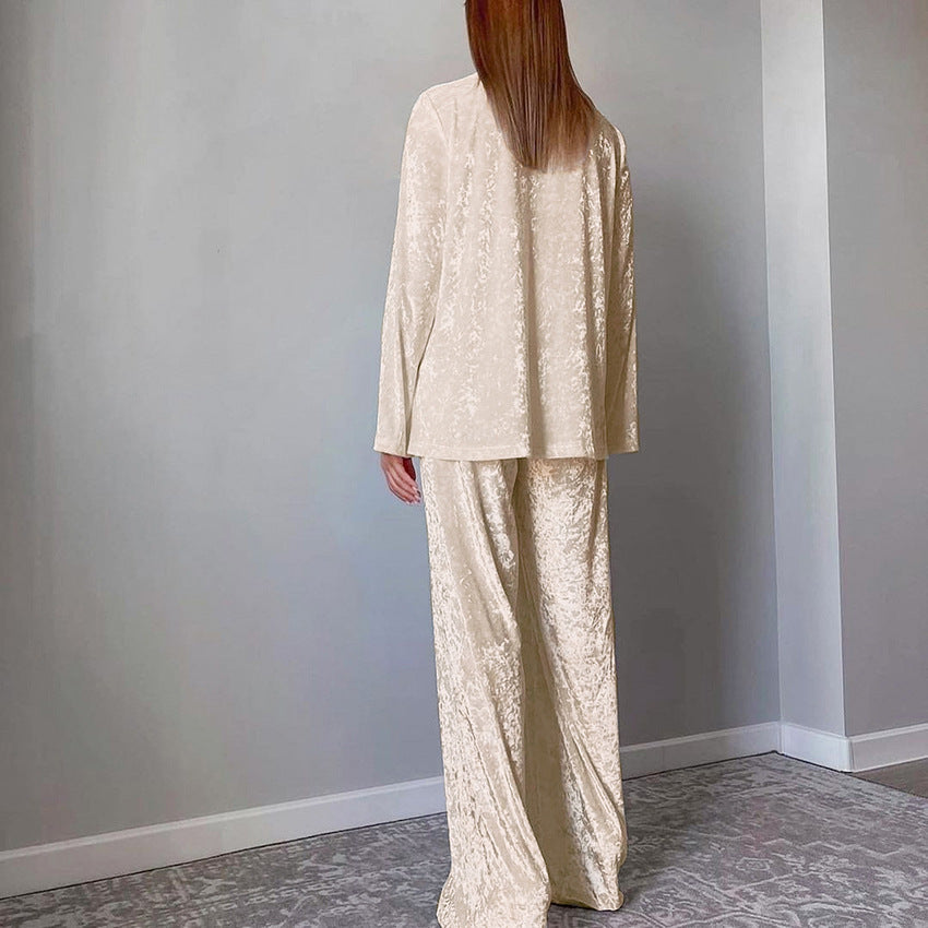 [WHOLESALE ONLY - CONTACT TO ORDER] Women's Cotton Blend 2-Piece Crushed Velvet Notch-Lapel Blazer Shirt & Wide-Leg Pants Lounge Set (Champagne Gold) [AW-544]