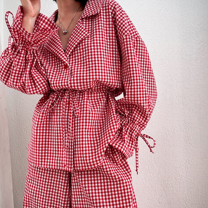 [WHOLESALE ONLY - CONTACT TO ORDER] Women's Cotton Blend 3-Piece Gingham Check Tie-Waist Shirt, Bralette & Wide-Leg Pants Pajama Set (Red/White) [AW-558]