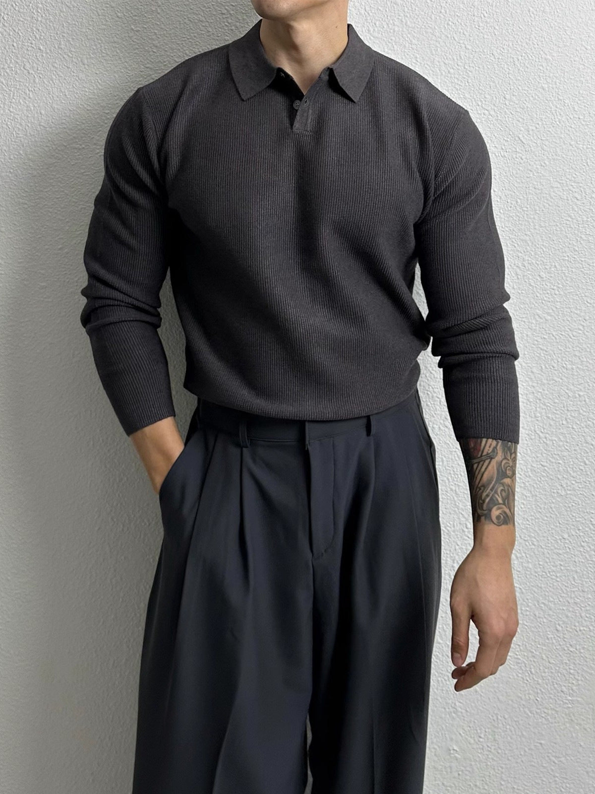 [WHOLESALE ONLY - CONTACT TO ORDER] Men's Cotton Blend Textured Knit Johnny Collar Long Sleeve Polo Sweater (Charcoal Grey) [AW-499]