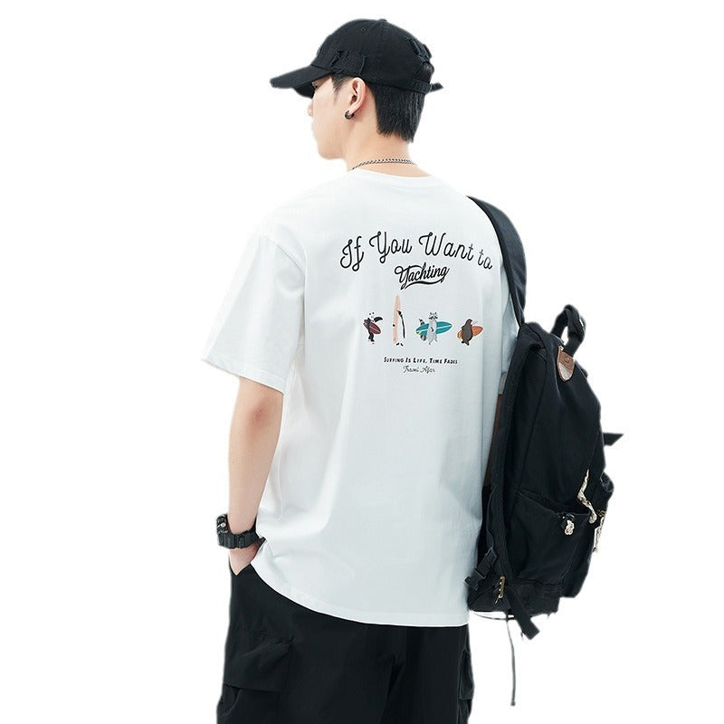 [WHOLESALE ONLY - CONTACT TO ORDER] Men's Heavyweight 100% Combed Cotton Surfing Animal Graphic Crewneck T-Shirt (Optic White) [AW-413]