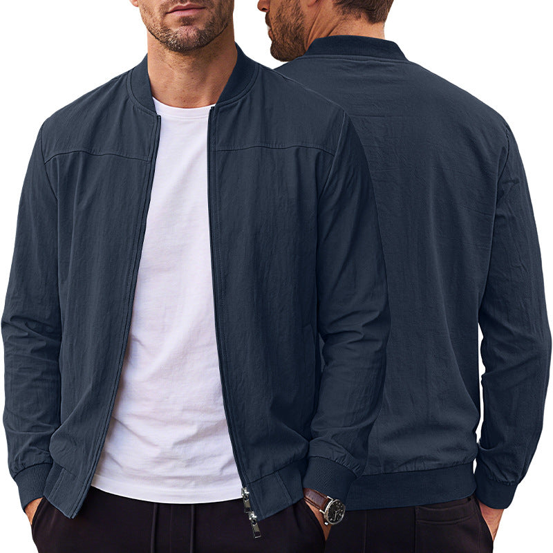 [WHOLESALE ONLY - CONTACT TO ORDER] Men's Lightweight Crinkle Washed Cotton Blend Baseball Collar Bomber Jacket with Ribbed Trim [AW-244]