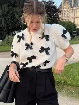 [WHOLESALE ONLY - CONTACT TO ORDER] Women's French Chic Puff Sleeve Cotton Blend Knit Top with 3D Black Satin Bows (Cream Ivory) [AW-469]