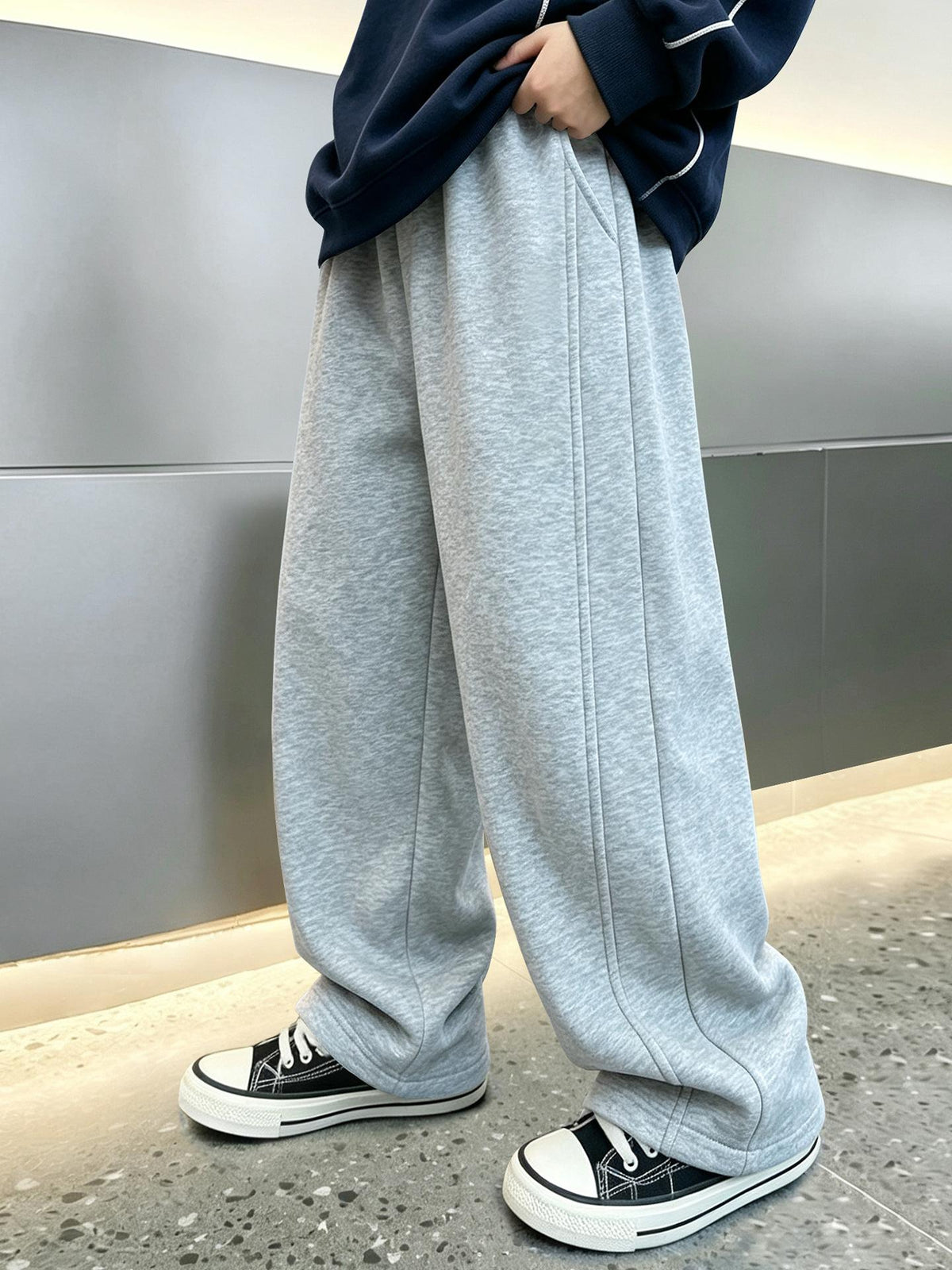 [WHOLESALE ONLY - CONTACT TO ORDER] Kids Unisex Heavyweight 75% Cotton Fleece Front Pintuck Seam Wide-Leg Sweatpants (Heather Grey) [KW-181]