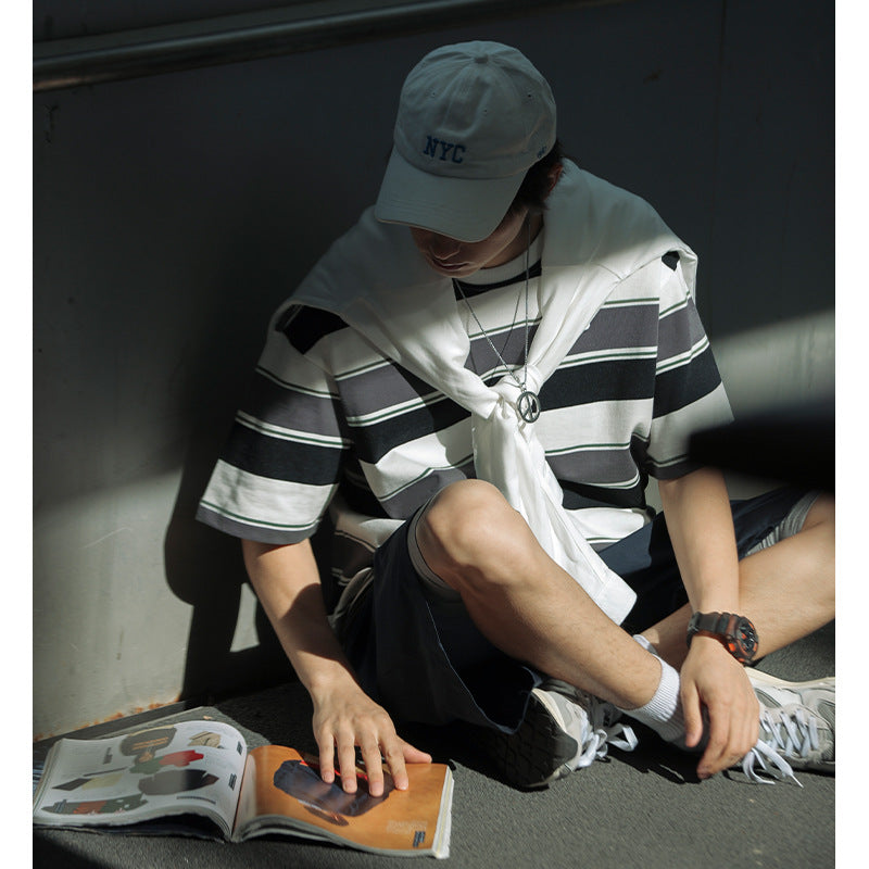 Men’s Colorblock Striped Tee – Retro Japanese Style Loose Fit Summer T-Shirt[NA-003]