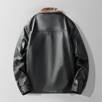 [WHOLESALE ONLY - CONTACT TO ORDER] Men's Heavyweight Faux Leather Sherpa Fleece Lined Winter Bomber Jacket with Fur Collar (Black) [AW-254]