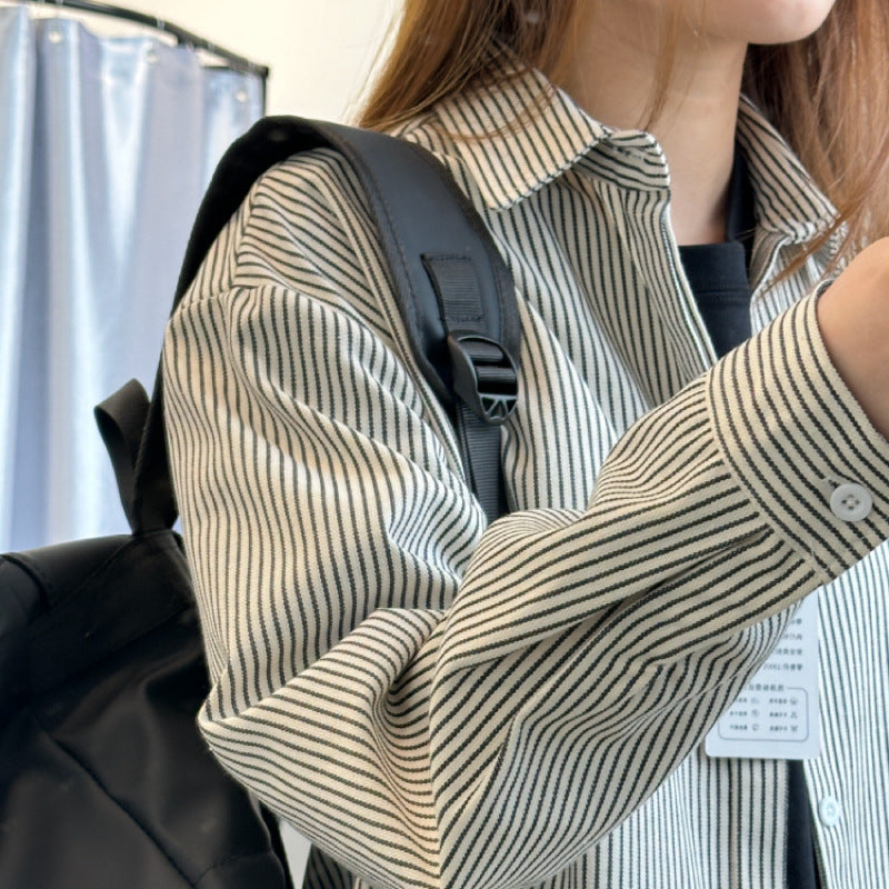 [WHOLESALE ONLY - CONTACT TO ORDER] Unisex Oversized Heavyweight 100% Cotton Long Sleeve Vertical Striped Button-Up Shirt (Black & White Stripe) [AW-433]