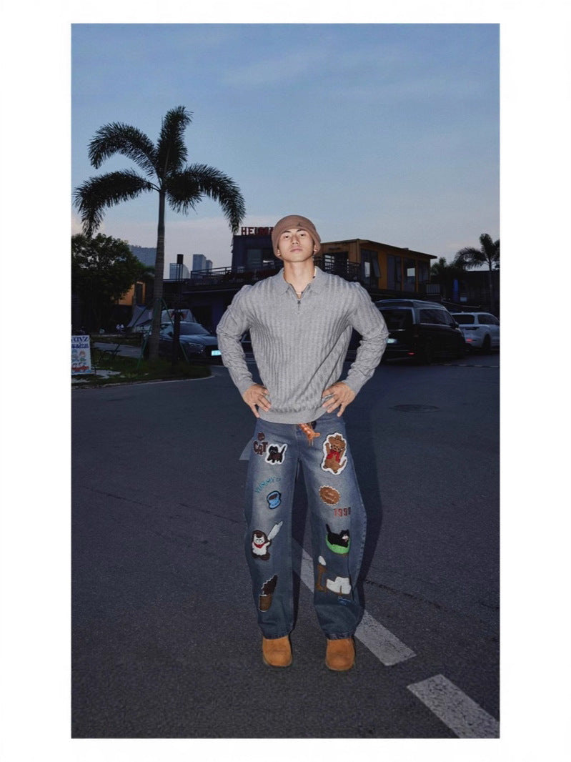 Washed Streetwear Cartoon Charm Loose Wide-Leg Jeans[DROP3-023]