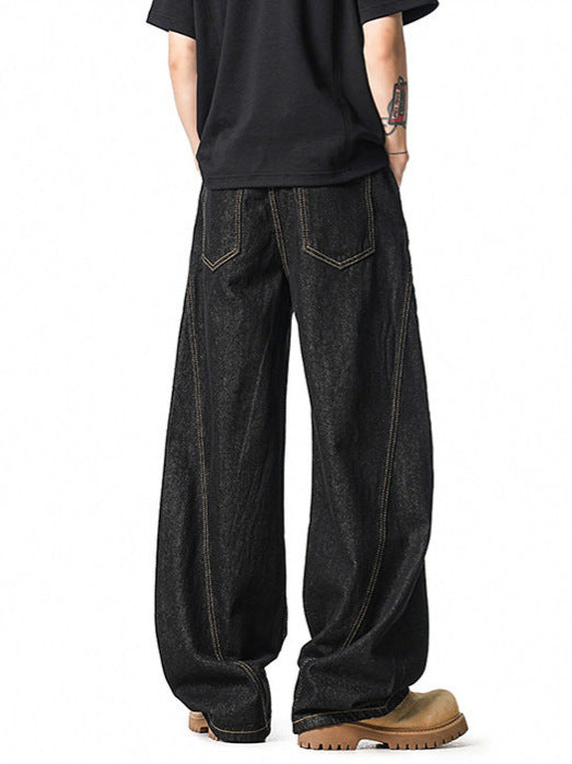 [WHOLESALE ONLY - CONTACT TO ORDER] Men's Heavyweight 100% Cotton Loose Fit Curved Seam Balloon Wide-Leg Jeans with Side Button Accents (Indigo Black) [AW-478]