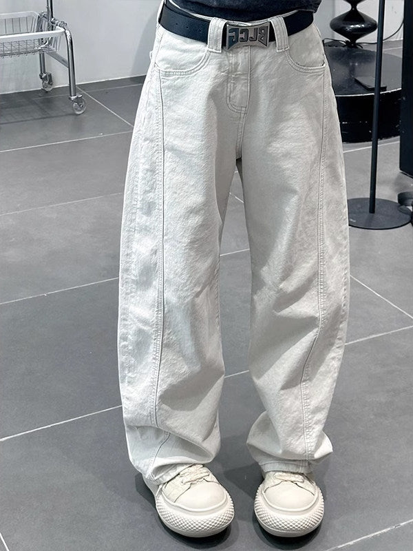 [WHOLESALE ONLY - CONTACT TO ORDER] Men's Heavyweight 100% Cotton Loose Fit Curved Seam Balloon Wide-Leg Jeans (Washed Chalk White) [AW-488]