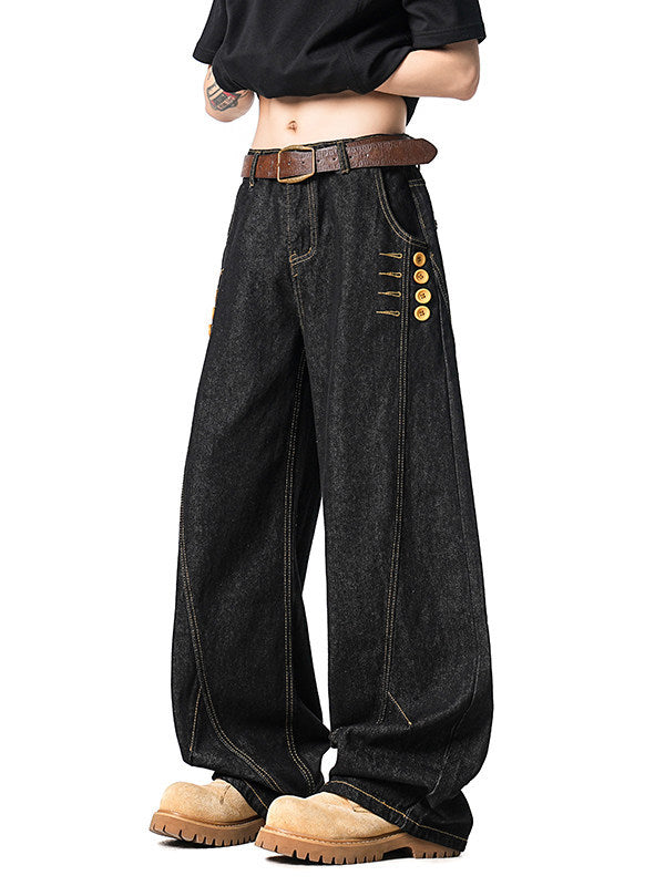 [WHOLESALE ONLY - CONTACT TO ORDER] Men's Heavyweight 100% Cotton Loose Fit Curved Seam Balloon Wide-Leg Jeans with Side Button Accents (Indigo Black) [AW-478]