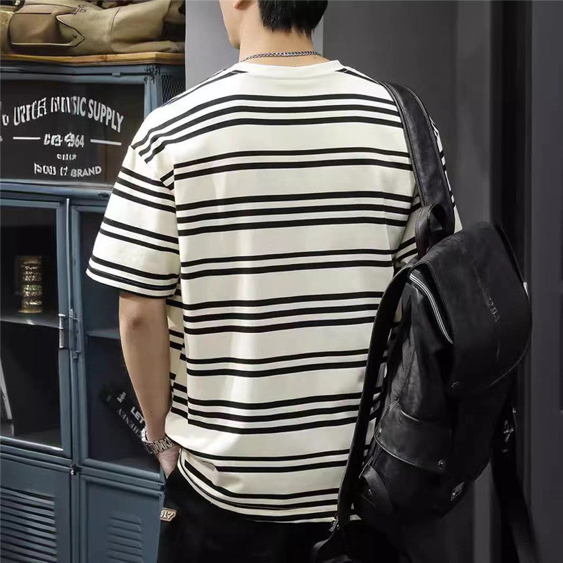 [WHOLESALE ONLY - CONTACT TO ORDER] Men's Heavyweight 100% Cotton Oversized Striped Short Sleeve T-Shirt with Chest Patch (Off-White Black Stripe) [AW-467]