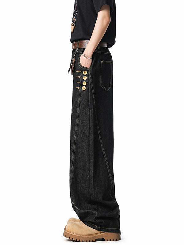 [WHOLESALE ONLY - CONTACT TO ORDER] Men's Heavyweight 100% Cotton Loose Fit Curved Seam Balloon Wide-Leg Jeans with Side Button Accents (Indigo Black) [AW-478]