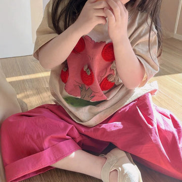 [WHOLESALE ONLY - CONTACT TO ORDER] Toddler Girls Relaxed Fit 95% Cotton 3D Crochet Apple Graphic T-Shirt and Wide-Leg Culotte Pants Set (Oatmeal & Hot Pink) [KW-174]