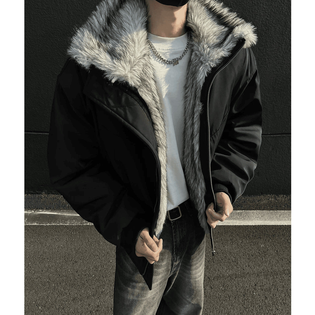 [WHOLESALE ONLY - CONTACT TO ORDER] Unisex Relaxed Fit Heavyweight 70% Cotton Padded Winter Bomber Jacket with Silver-Grey Faux Fur Hood (Jet Black) [AW-281]