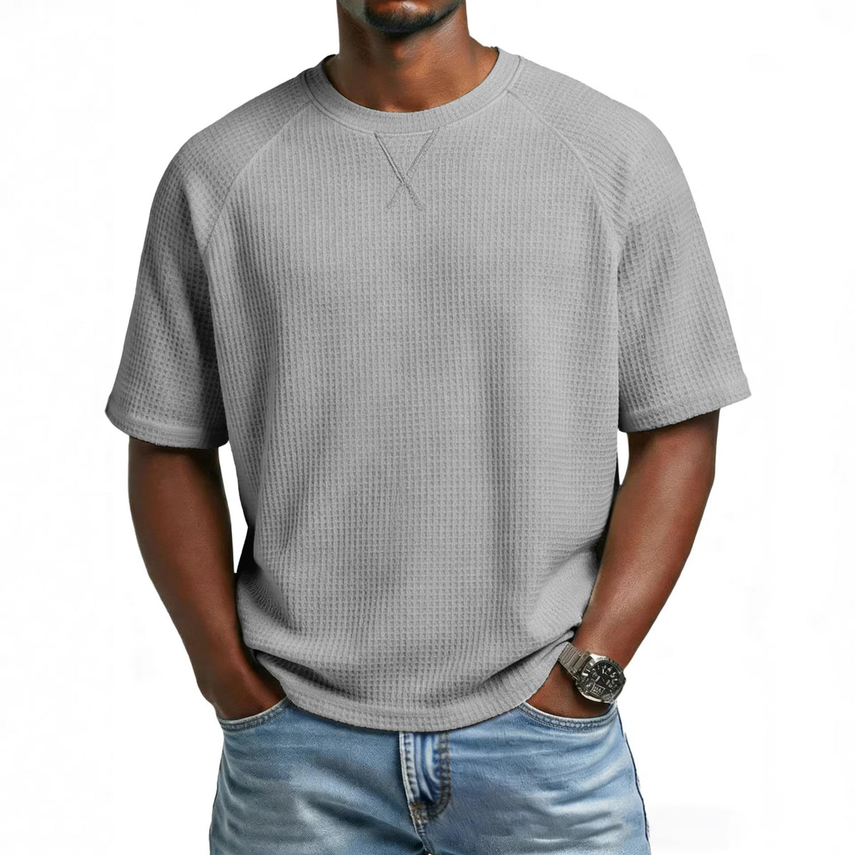 [WHOLESALE ONLY - CONTACT TO ORDER] Men's Heavyweight Cotton Waffle Knit Raglan Short Sleeve T-Shirt with V-Stitch Collar[AW-129]