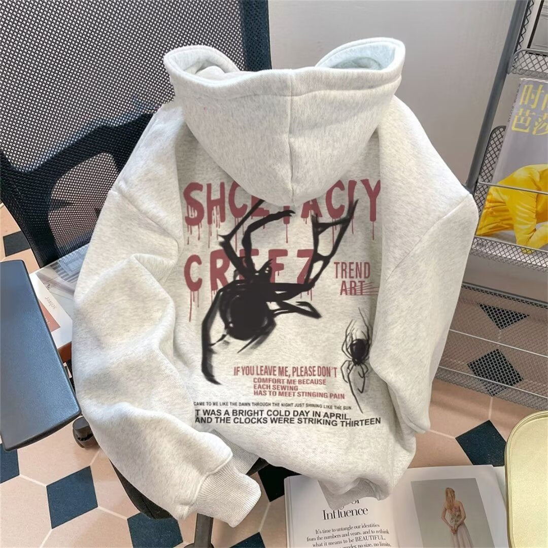 [WHOLESALE ONLY - CONTACT TO ORDER] Unisex Heavyweight 75% Cotton Gothic Spider & Dripping Typography Graphic Hoodie (Oatmeal Heather Grey) [AW-429]