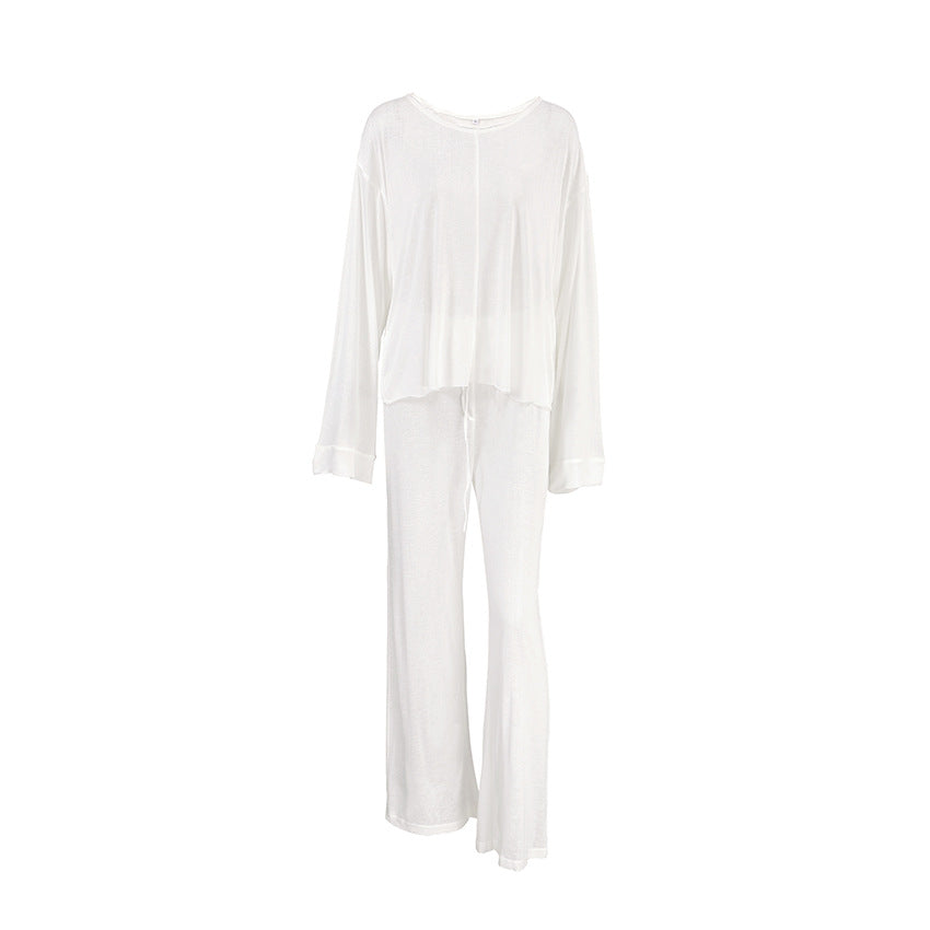 [WHOLESALE ONLY - CONTACT TO ORDER] Women's Cotton Blend 2-Piece Linen-Look Semi-Sheer Slouchy Top & Wide-Leg Pants Lounge Set (Pure White) [AW-561]