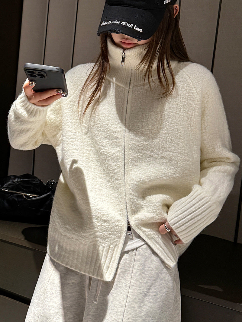 [WHOLESALE ONLY - CONTACT TO ORDER] Women's Relaxed Fit Heavyweight Soft Textured Knit Mock Neck Two-Way Zip-Up Cardigan Jacket [AW-296]