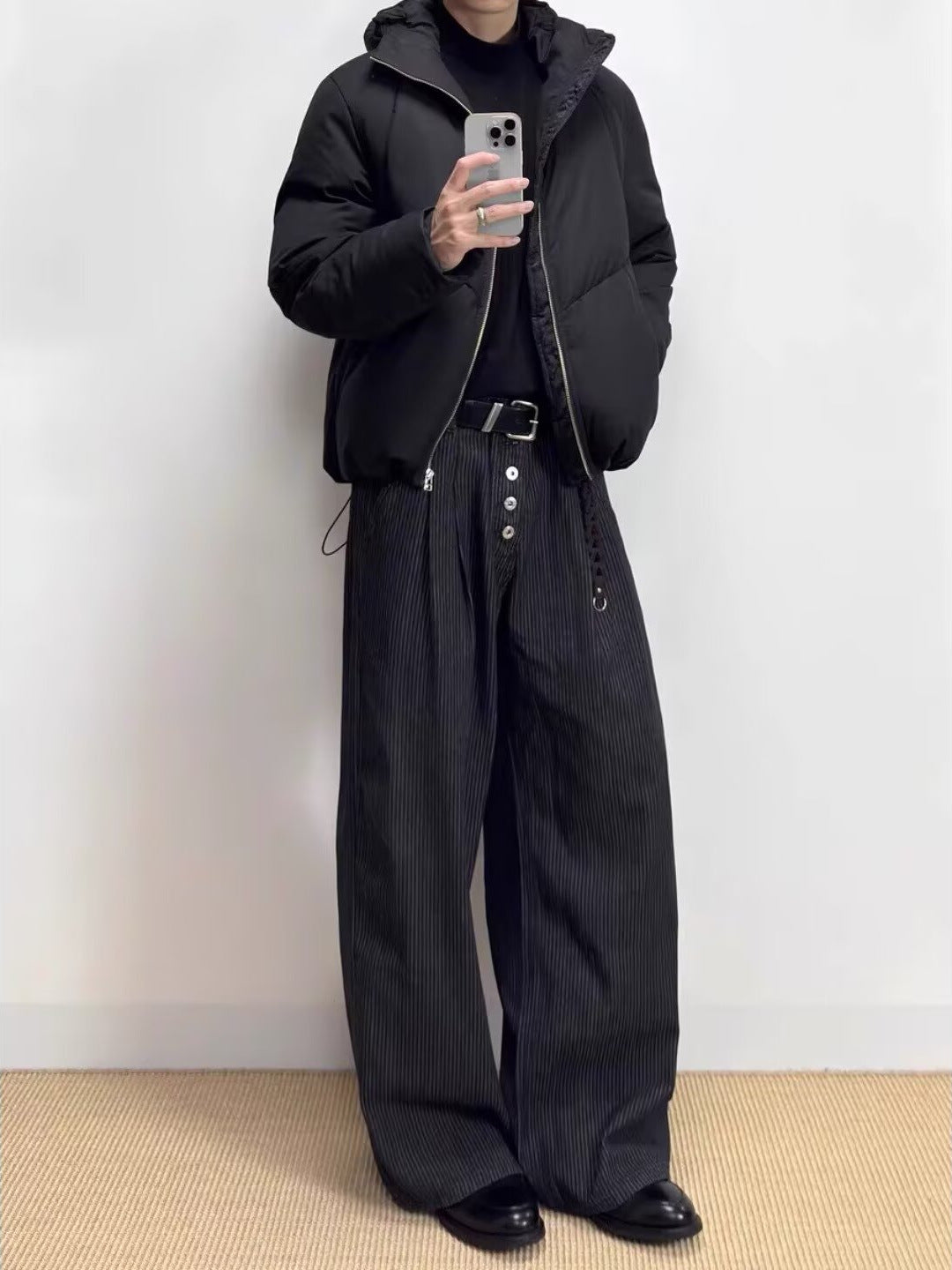 [WHOLESALE ONLY - CONTACT TO ORDER] Unisex Heavyweight 70% Cotton Multi-Button High-Waist Pleated Wide-Leg Pinstripe Trousers (Charcoal Pinstripe) [AW-367]