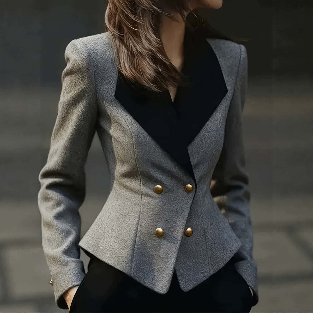 [WHOLESALE ONLY - CONTACT TO ORDER] Women's Heavyweight 70% Cotton Contrast Lapel Hourglass Peplum Blazer Jacket (Heather Grey) [AW-361]