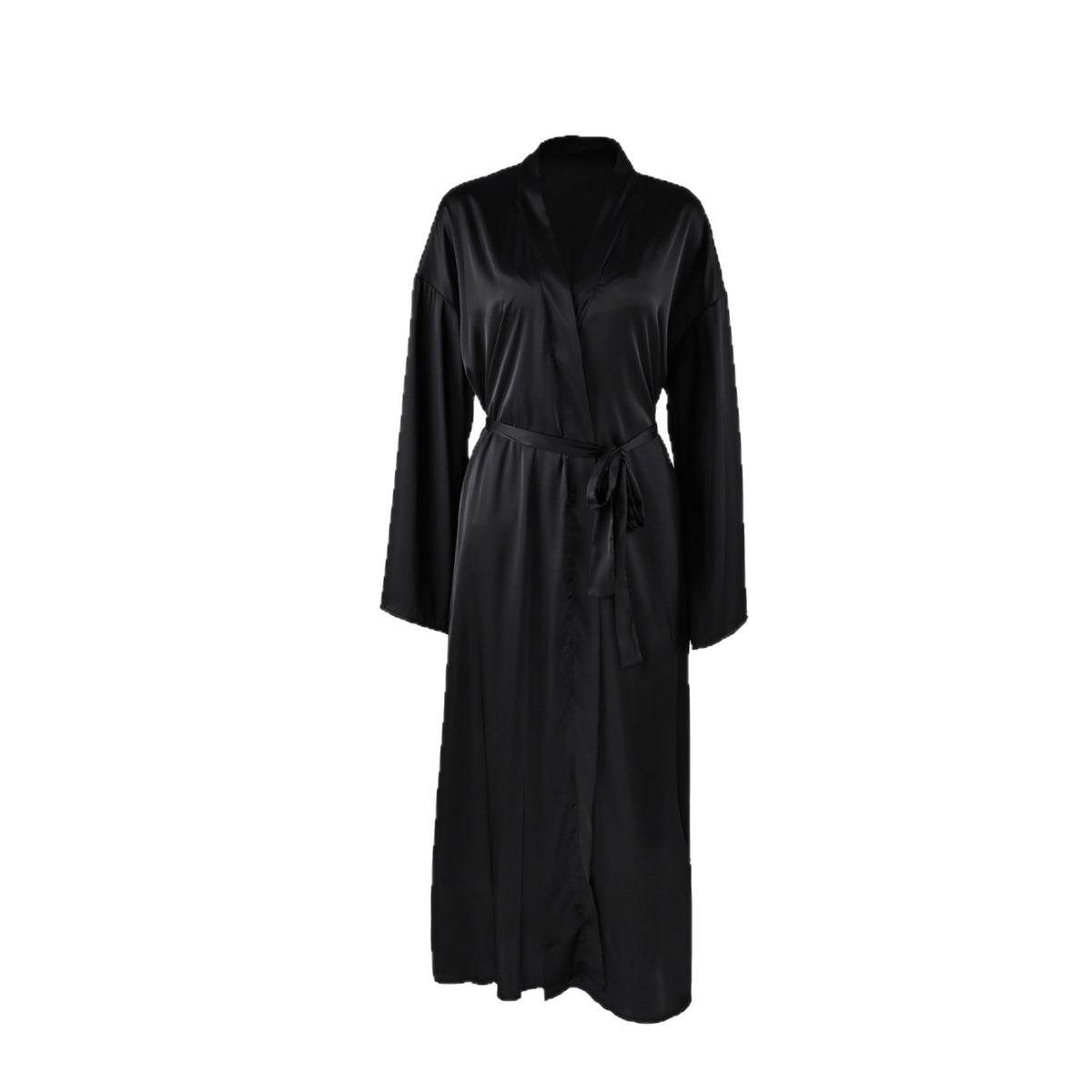 [WHOLESALE ONLY - CONTACT TO ORDER] Women's Cotton Blend Silky Satin Tie-Waist Maxi Kimono Robe (Noir Black) [AW-562]