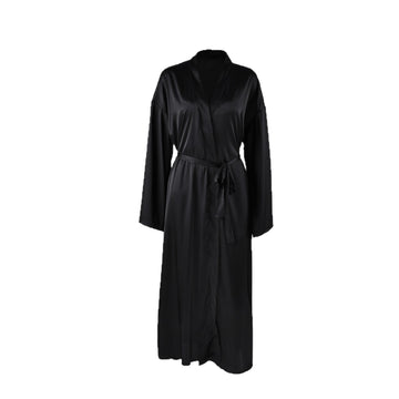 [WHOLESALE ONLY - CONTACT TO ORDER] Women's Cotton Blend Silky Satin Tie-Waist Maxi Kimono Robe (Noir Black) [AW-562]
