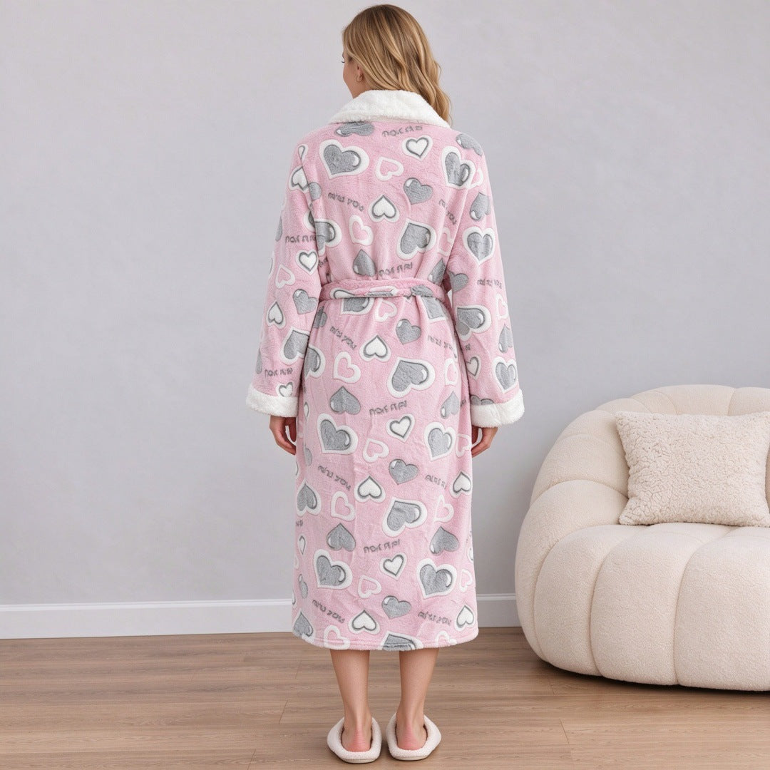 [WHOLESALE ONLY - CONTACT TO ORDER] Women's Heavyweight Plush Flannel Shawl Collar Long Robe with Sherpa Fleece Trim (Blush Pink Heart Print) [AW-390]