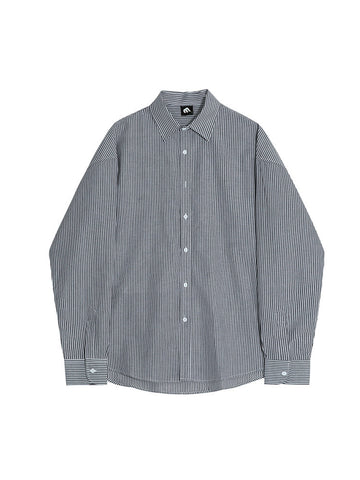 [WHOLESALE ONLY - CONTACT TO ORDER] Unisex Oversized 100% Cotton Drop-Shoulder Long Sleeve Striped Shirt (Navy Grey Stripe) [AW-437]