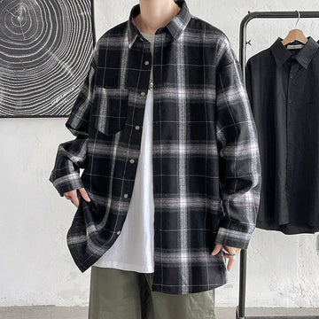 [WHOLESALE ONLY - CONTACT TO ORDER] Unisex Relaxed Fit 100% Cotton Heavyweight Brushed Shadow Plaid Long Sleeve Flannel Shirt (Black & Grey) [AW-275]