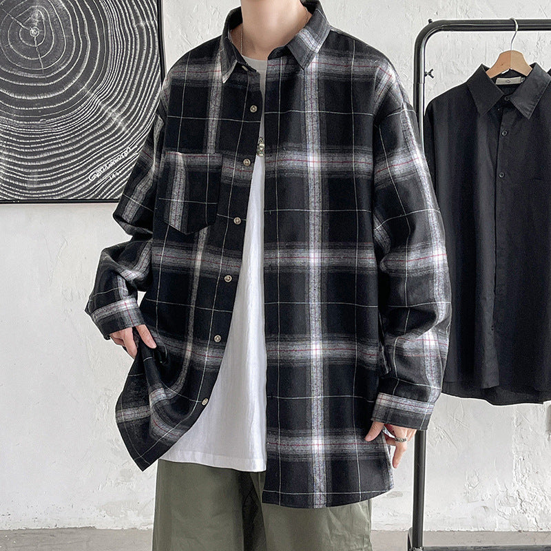 [WHOLESALE ONLY - CONTACT TO ORDER] Unisex Relaxed Fit 100% Cotton Heavyweight Brushed Shadow Plaid Long Sleeve Flannel Shirt (Black & Grey) [AW-275]
