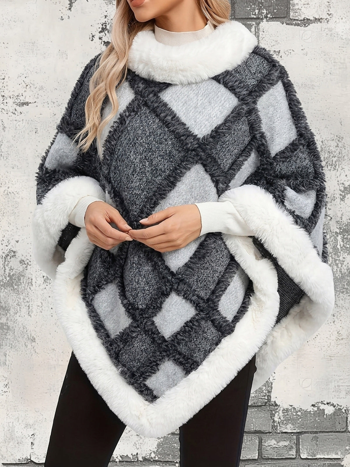 [WHOLESALE ONLY - CONTACT TO ORDER] Women's Elegant Heavyweight Cotton Blend Geometric Plaid Knit Poncho Cape with Plush White Faux Fur Trim (Charcoal & Grey) [AW-294]