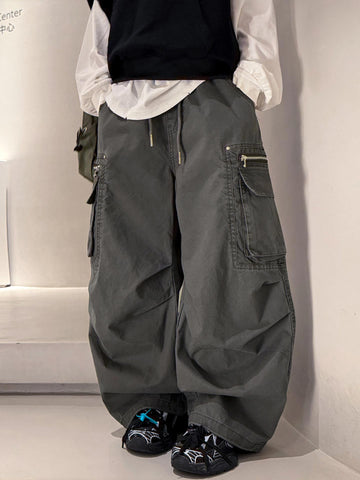 [WHOLESALE ONLY - CONTACT TO ORDER] Boys Heavyweight Cotton Twill Multi-Pocket Baggy Wide-Leg Parachute Cargo Pants (Washed Charcoal Grey) [KW-259]