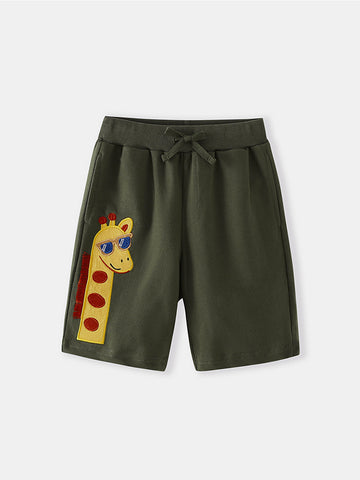 [WHOLESALE ONLY - CONTACT TO ORDER] Toddler & Boys Cotton French Terry 3D Giraffe Appliqué Casual Shorts (Army Green) [KW-252]
