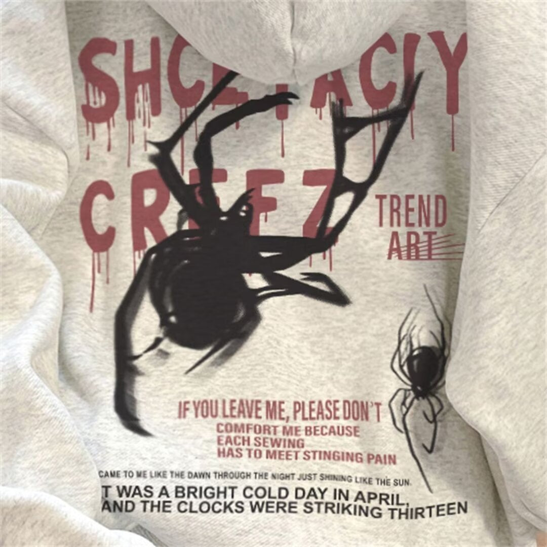 [WHOLESALE ONLY - CONTACT TO ORDER] Unisex Heavyweight 75% Cotton Gothic Spider & Dripping Typography Graphic Hoodie (Oatmeal Heather Grey) [AW-429]