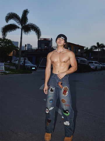 Washed Streetwear Cartoon Charm Loose Wide-Leg Jeans[DROP3-023]