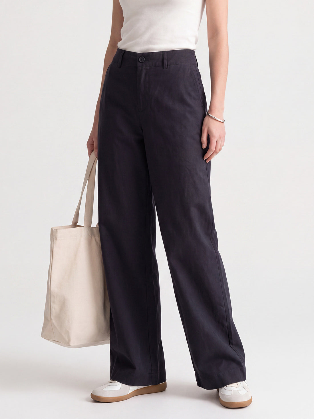 [WHOLESALE ONLY - CONTACT TO ORDER] Women's High-Rise Wide-Leg Cotton Chino Trousers with Belt Loops (Dark Charcoal Navy) - Catalog Display Only (Do Not Order Directly)