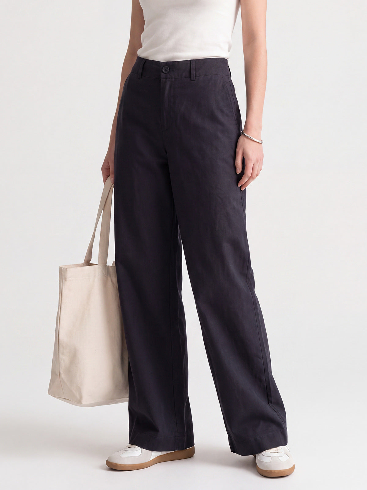 [WHOLESALE ONLY - CONTACT TO ORDER] Women's High-Rise Wide-Leg Cotton Chino Trousers with Belt Loops (Dark Charcoal Navy) - Catalog Display Only (Do Not Order Directly)