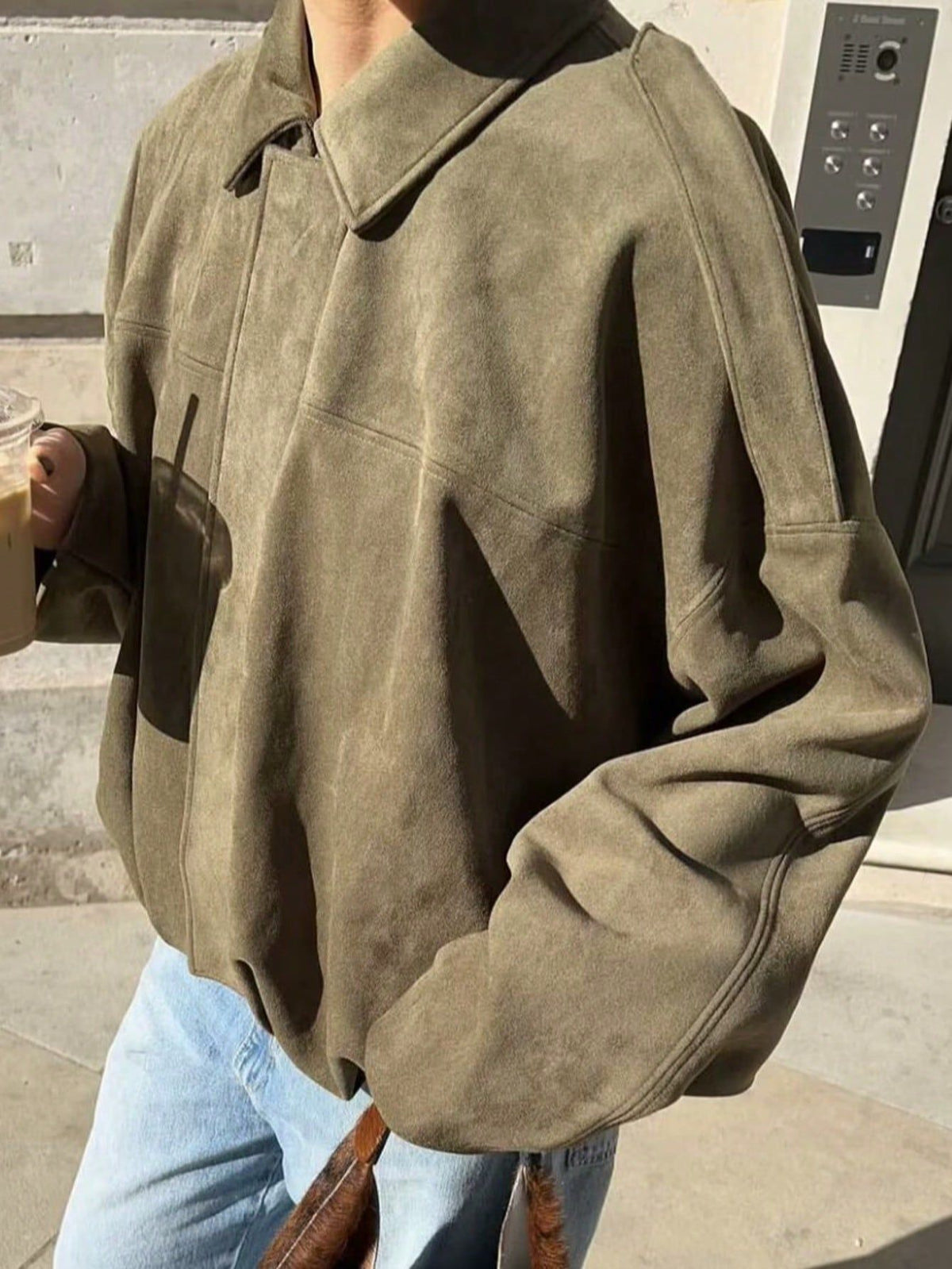[WHOLESALE ONLY - CONTACT TO ORDER] Women's Oversized Cotton Blend Faux Suede Batwing Sleeve Cropped Jacket with Turn-Down Collar (Olive Green) [AW-450]
