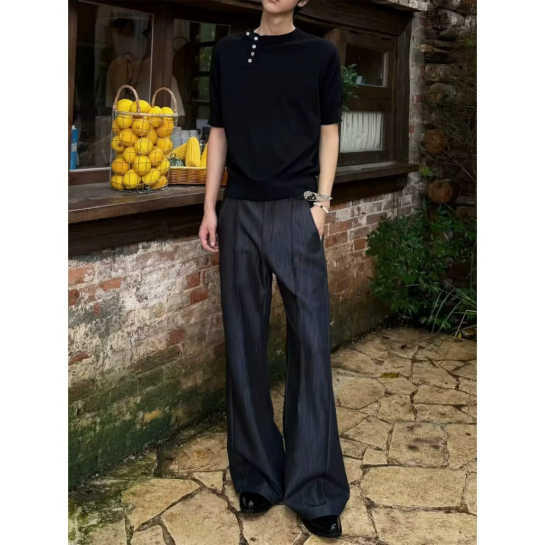 [WHOLESALE ONLY - CONTACT TO ORDER] Men's Center-Seamed Flared Bootcut Trousers with Subtle Sheen (Washed Charcoal Black) [AW-419]