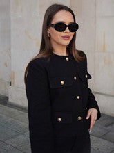 [WHOLESALE ONLY - CONTACT TO ORDER] Women's Elegant Cropped Cotton Blend Textured Tweed Jacket with Four Flap Pockets and Gold Buttons (Black) [AW-446]