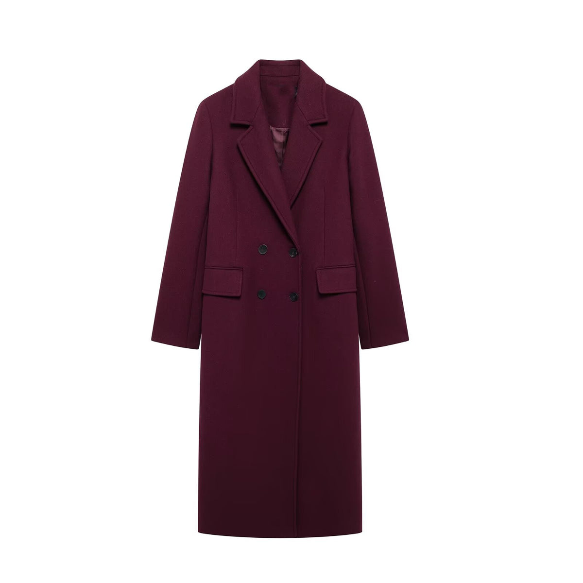 [WHOLESALE ONLY - CONTACT TO ORDER] Women's Double-Breasted Longline Cotton Blend Heavyweight Overcoat with Flap Pockets (Burgundy Wine Red) [AW-448]