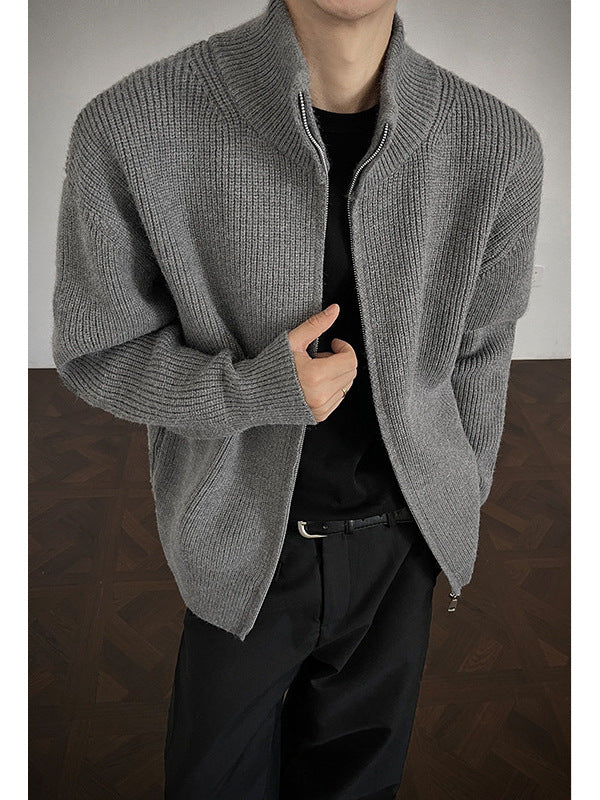 [WHOLESALE ONLY - CONTACT TO ORDER] Unisex Relaxed Fit Heavyweight Chunky Rib-Knit Mock Neck Two-Way Zip Cardigan Jacket (Medium Grey) [AW-297]