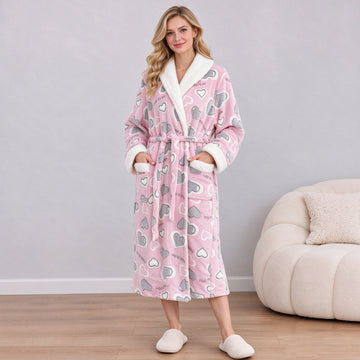 [WHOLESALE ONLY - CONTACT TO ORDER] Women's Heavyweight Plush Flannel Shawl Collar Long Robe with Sherpa Fleece Trim (Blush Pink Heart Print) [AW-390]