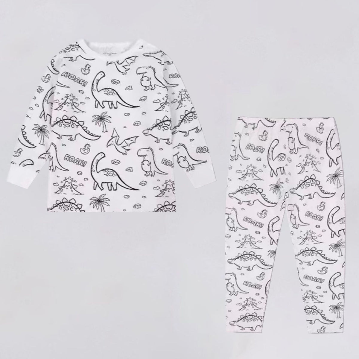 [WHOLESALE ONLY - CONTACT TO ORDER] Toddler & Kids Unisex 100% Combed Cotton All-Over Dinosaur Sketch Print Long Sleeve Pajama Set (Optic White) [KW-201]