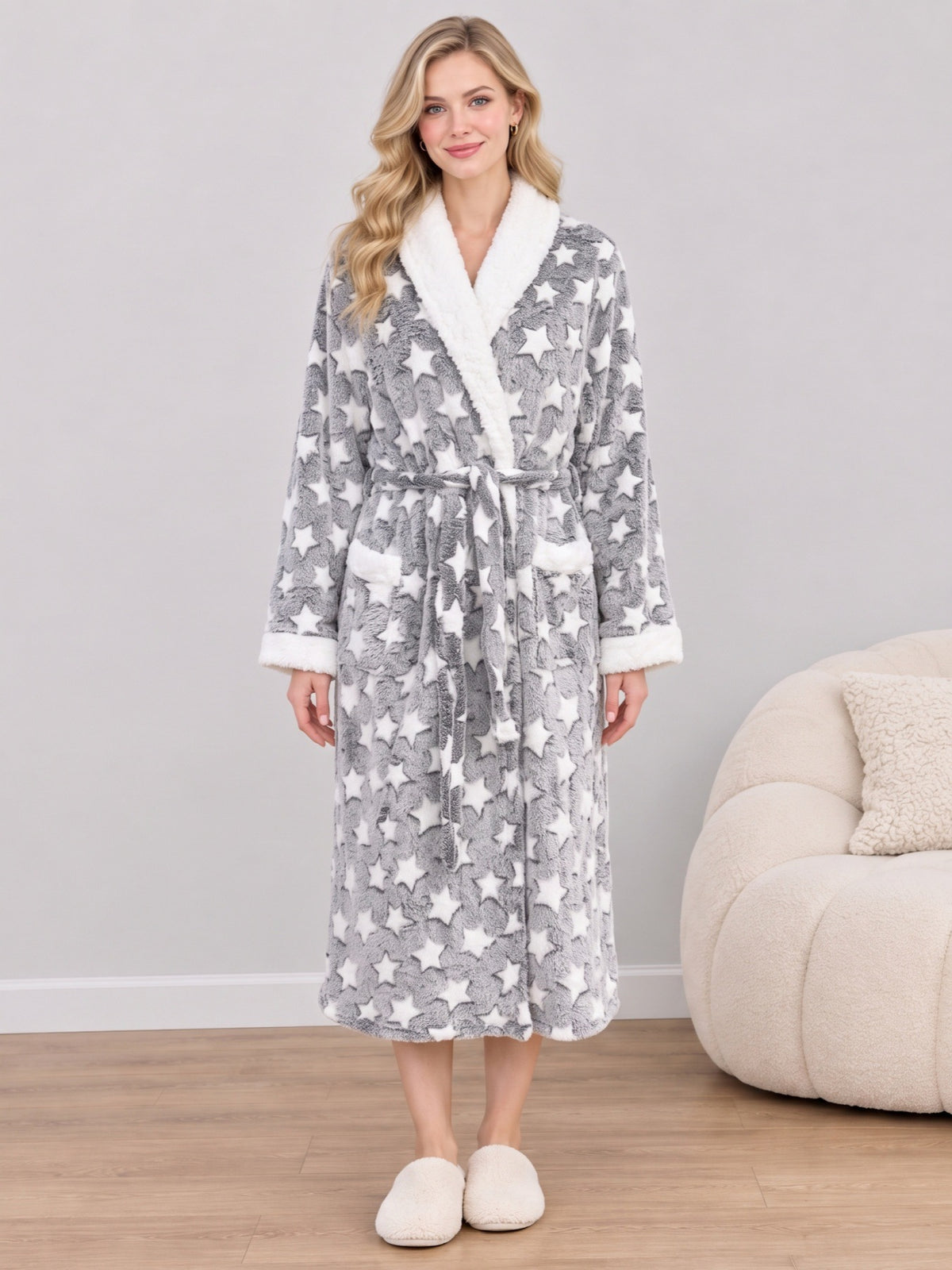 [WHOLESALE ONLY - CONTACT TO ORDER] Women's Heavyweight Fleece Plush Bathrobe with Sherpa Shawl Collar & Belt (Grey Stars / Hearts) [AW-405]