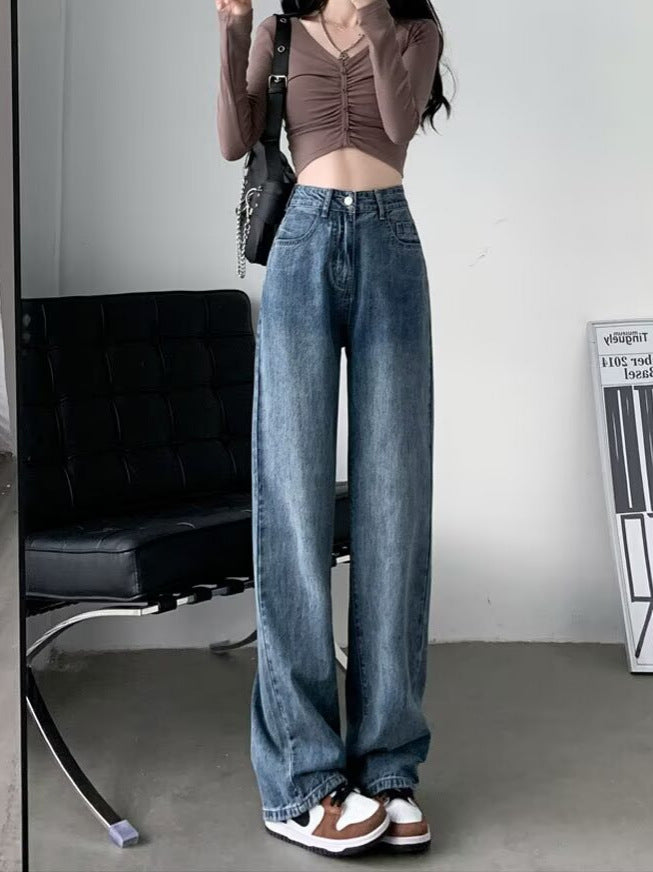 [WHOLESALE ONLY - CONTACT TO ORDER] Women's High-Waisted Washed Wide-Leg Baggy Denim Jeans (Vintage Medium Blue)[AW-151]