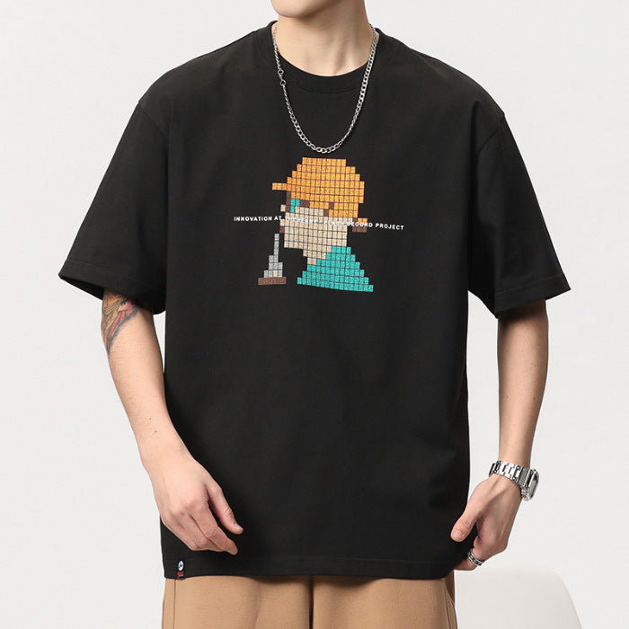 [WHOLESALE ONLY - CONTACT TO ORDER] Unisex Relaxed Fit Heavyweight 100% Combed Cotton Pixel Art Character Graphic Short Sleeve T-Shirt (Jet Black) [AW-286]